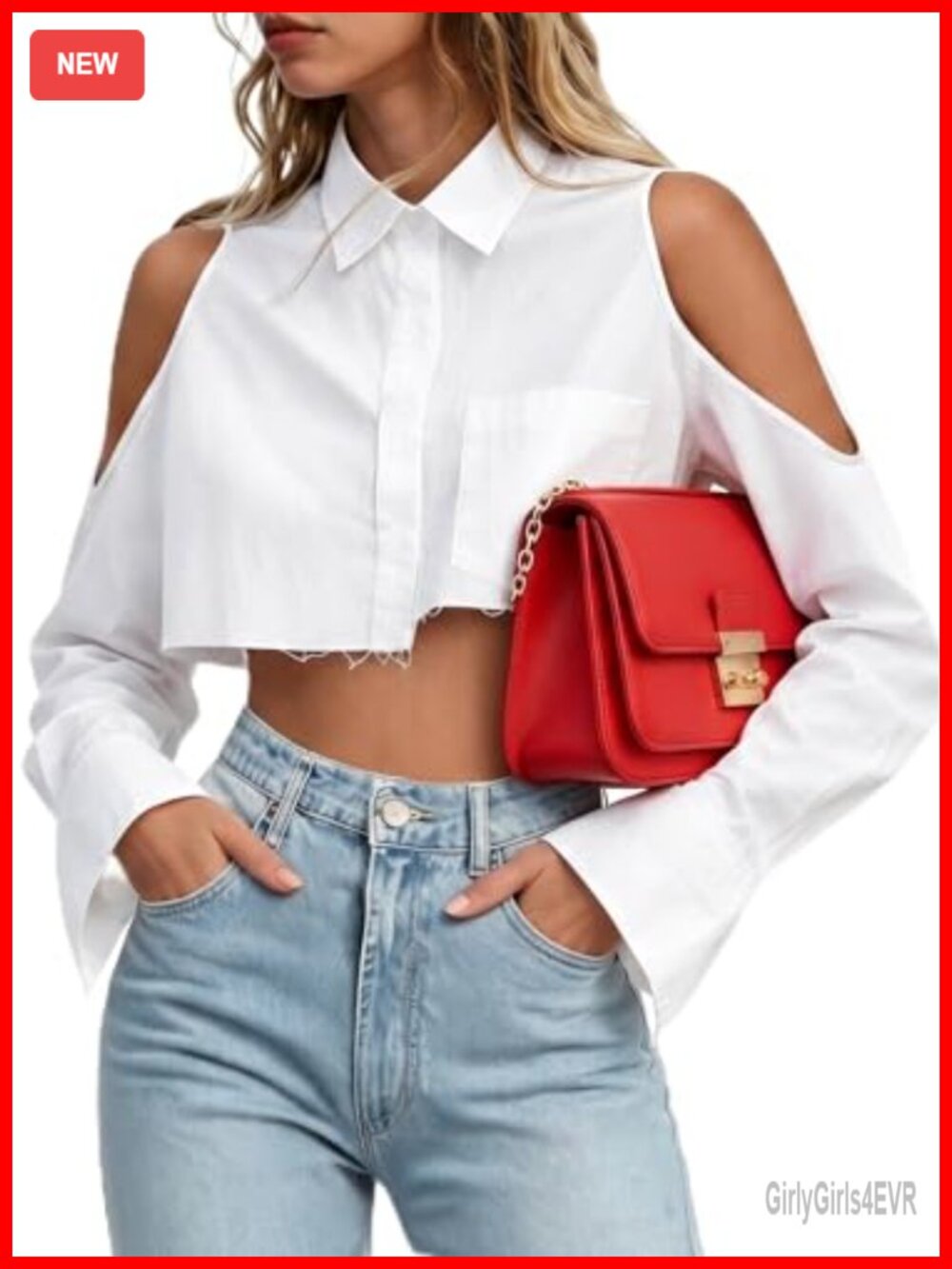 Cold Shoulder Cropped Button Down Shirt Raw Hem Blouse